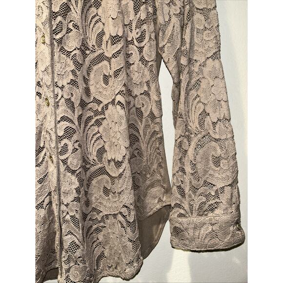 Chicos Blouse Womens Medium Taupe Lace Floral Feminine Romantic Button Up - Picture 4 of 11